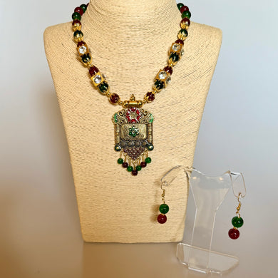 Necklace and Earrings Set: Red & Green Stone