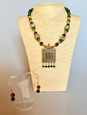 Necklace and Earrings Set: Red & Green Stone